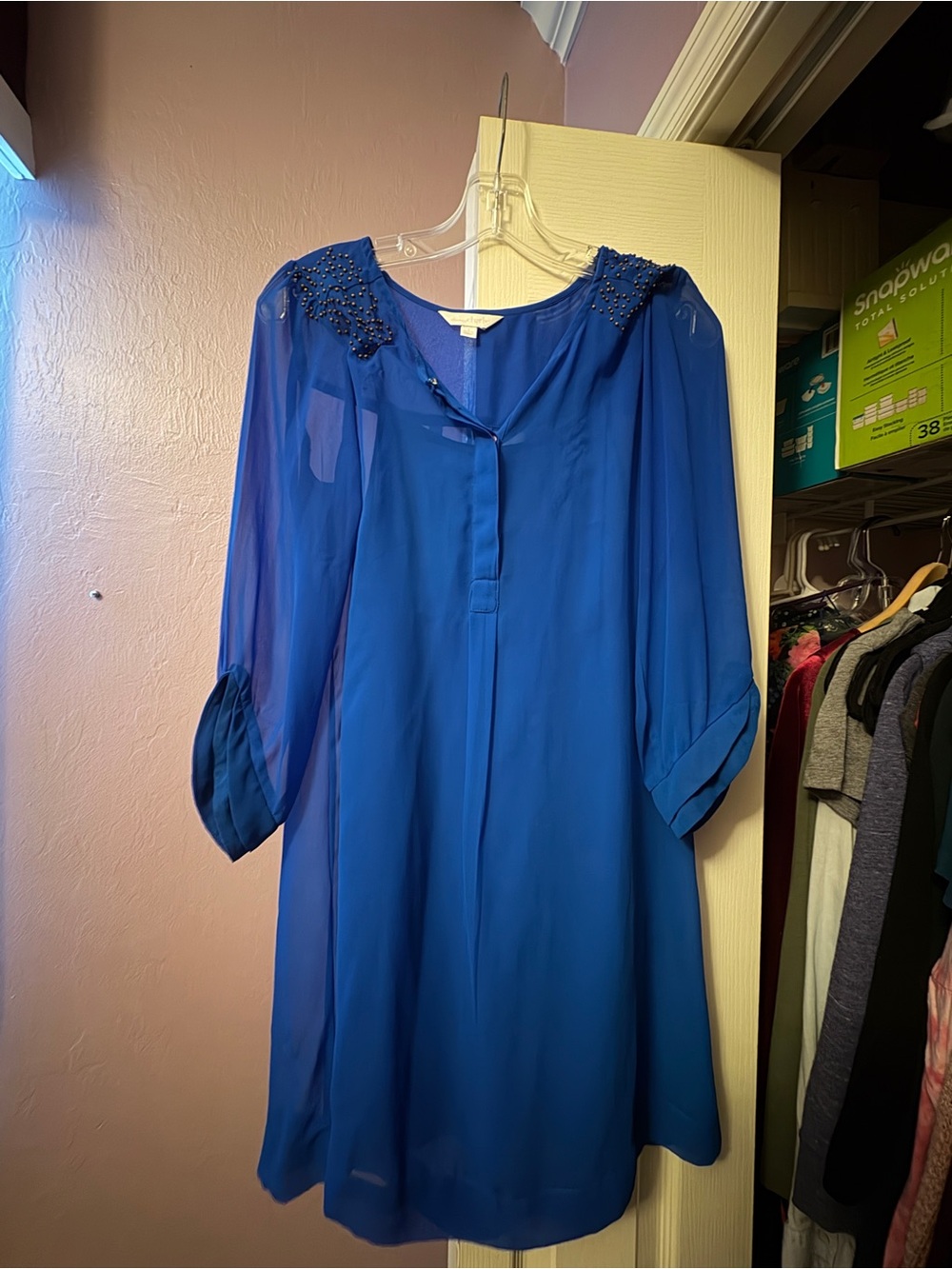 Charming Charlie Royal Blue Beaded Shoulder Long Sleeve Shift Dress S